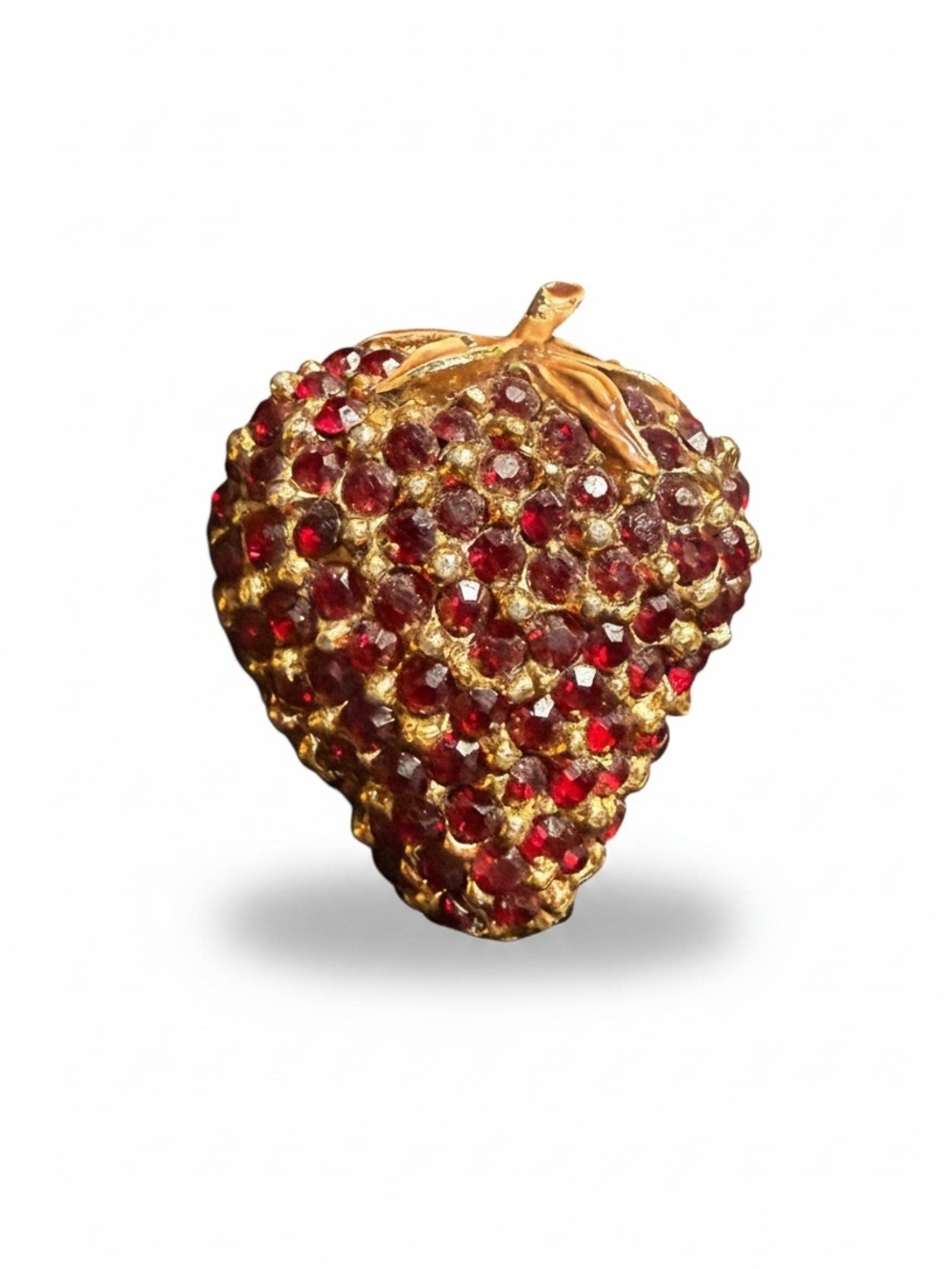 Vintage Ciner Unsigned Red Rhinestone Strawberry Brooch Gold Tone